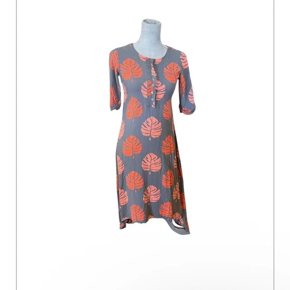Gray Dress with Orange Leaf Print - Women's Casual Dress XS (BK7)